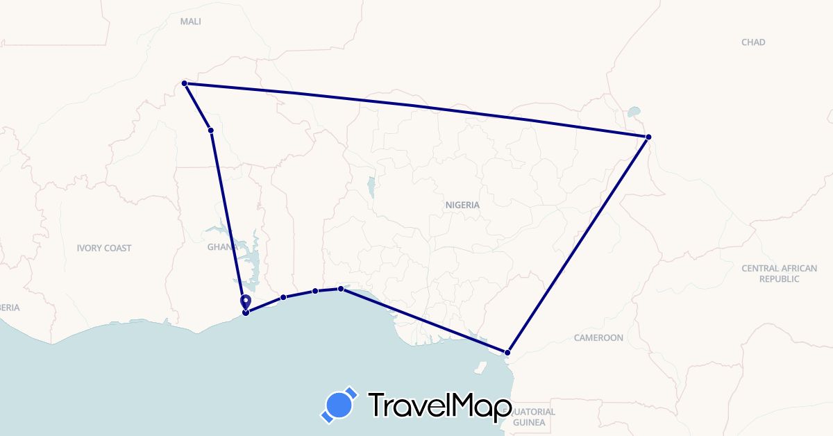 TravelMap itinerary: driving in Burkina Faso, Benin, Cameroon, Ghana, Nigeria, Chad, Togo (Africa)