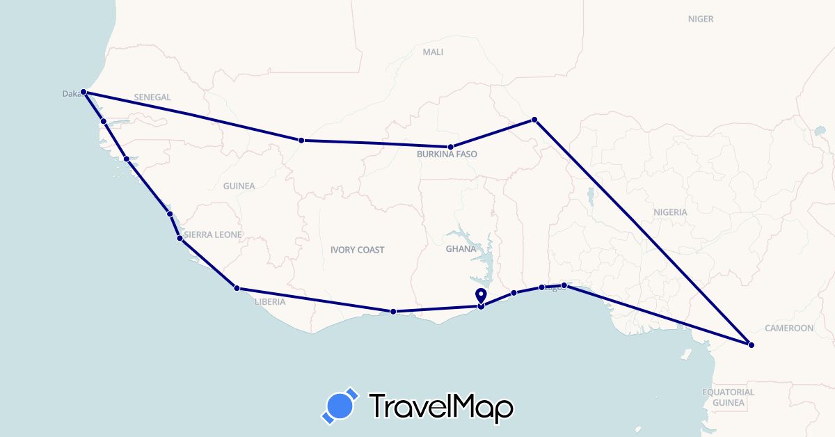 TravelMap itinerary: driving in Burkina Faso, Benin, Côte d'Ivoire, Cameroon, Ghana, Gambia, Guinea, Guinea-Bissau, Liberia, Mali, Niger, Nigeria, Sierra Leone, Senegal, Togo (Africa)