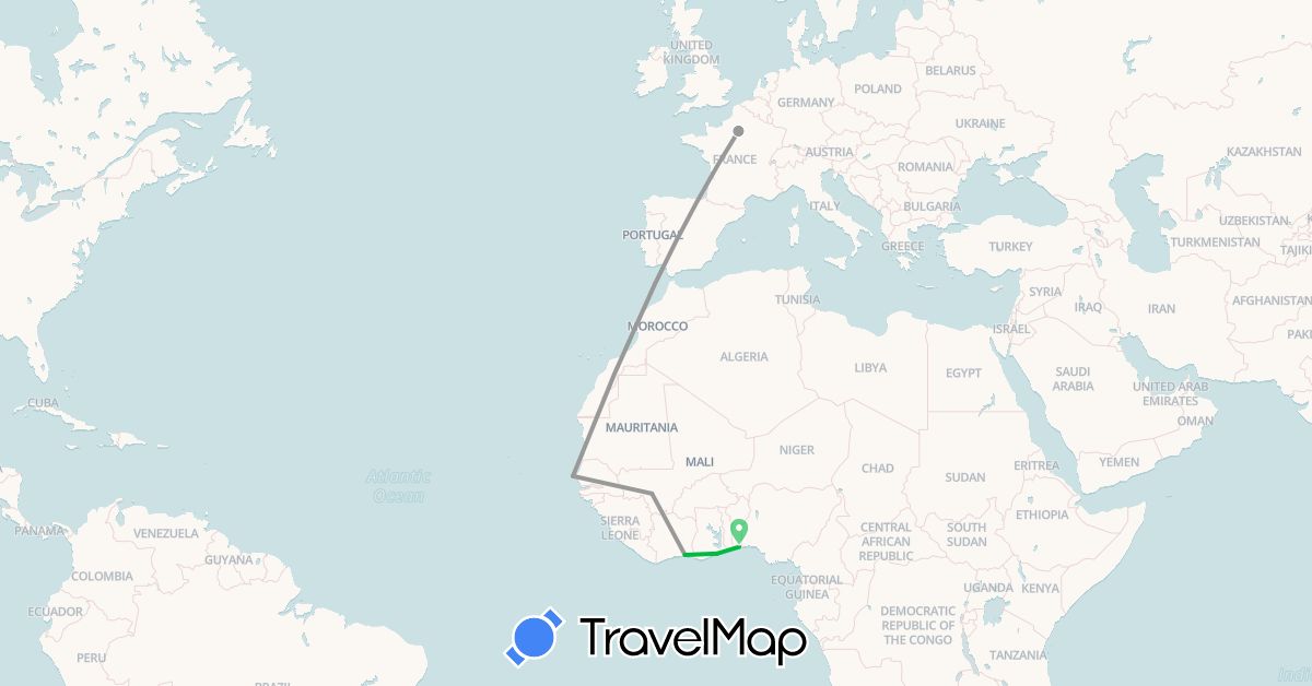 TravelMap itinerary: driving, bus, plane in Benin, Côte d'Ivoire, France, Ghana, Mali, Senegal (Africa, Europe)